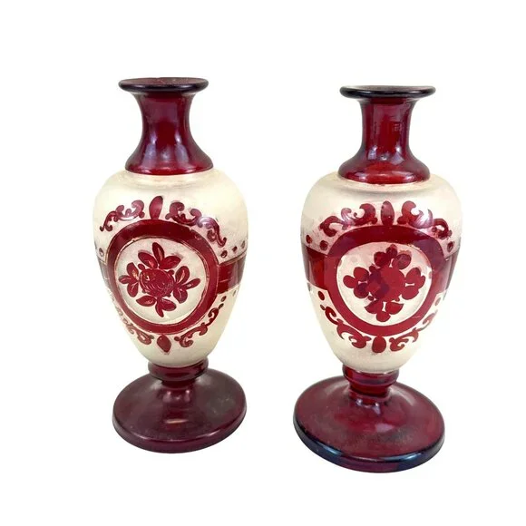 Antique Bohemian Ruby Glass Vases Pair Handblown Red Floral Design 7 Tall